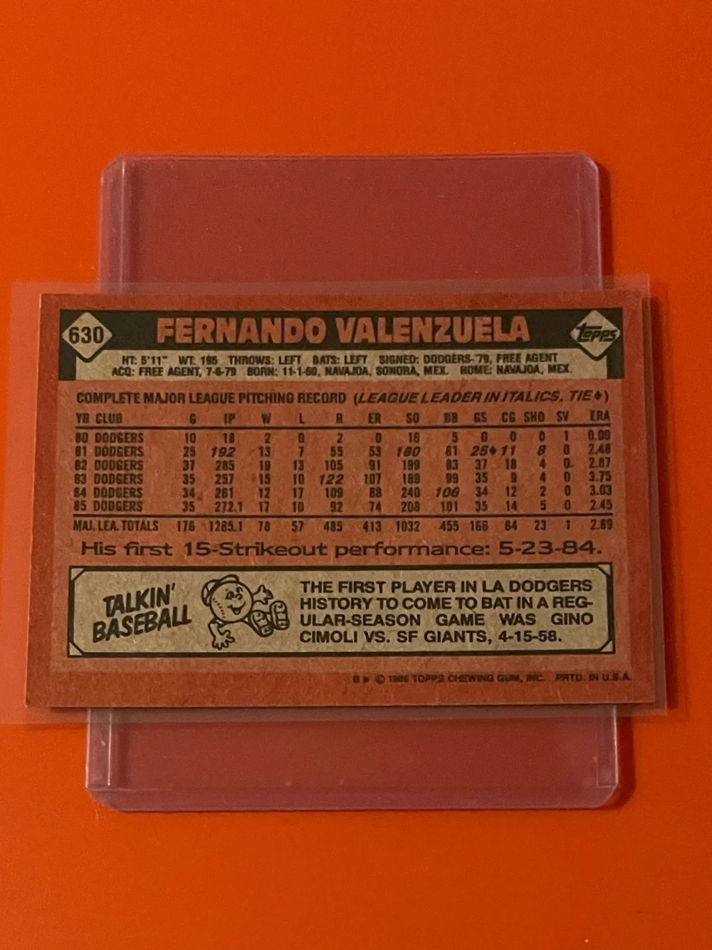 Fernando Valenzuela #630 1986 Topps Baseball Trading Card